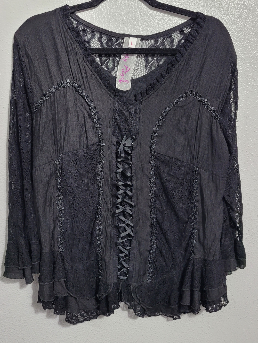 Pretty Angel Black Lace-Up Boho Blouse